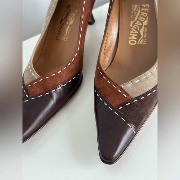 Salvatore Ferragamo Multicolor Suede & Leather Pointed Toe Pumps - Picture 4 of 7